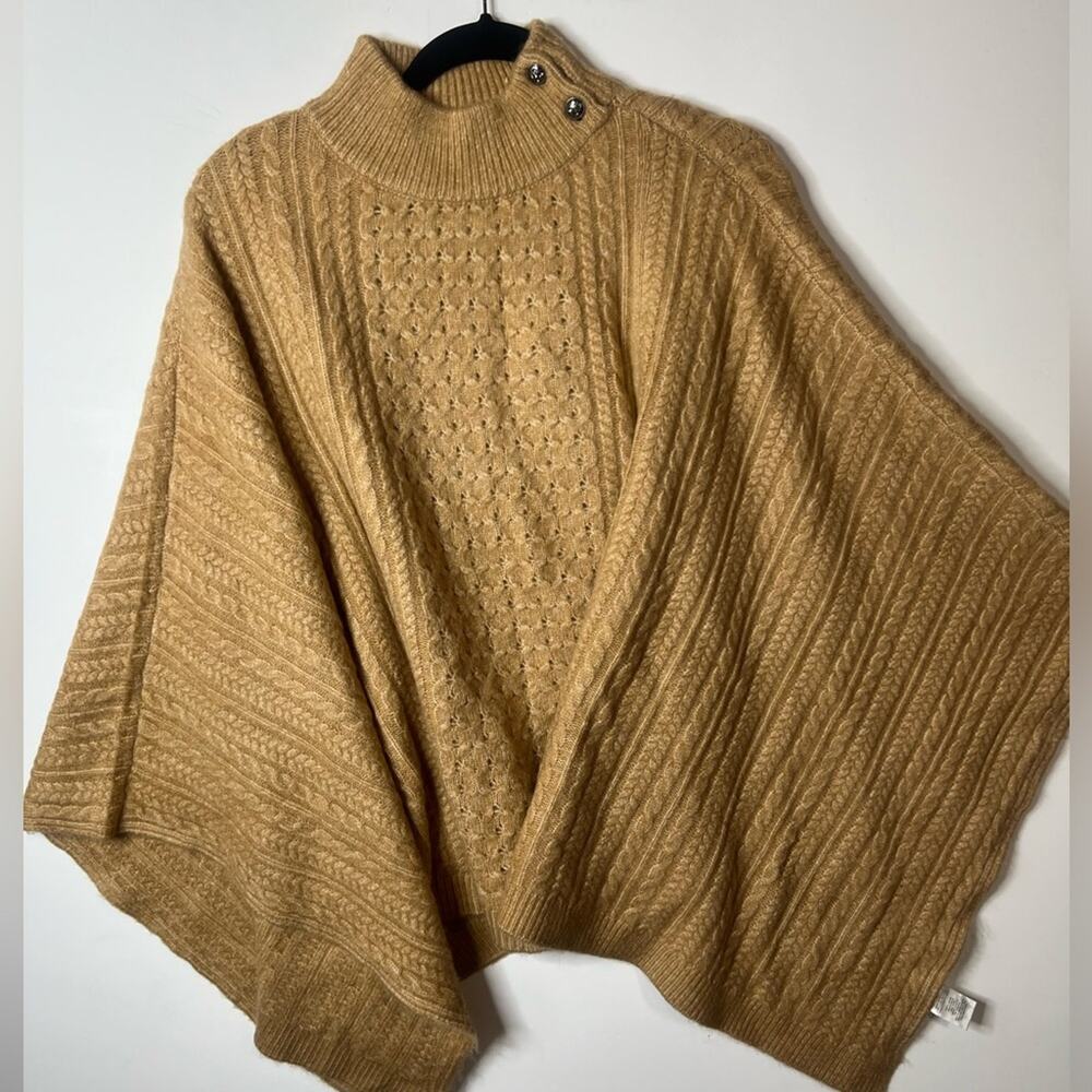ELIE TAHITI‎ PONCHO MOCK NECK CABLE KNIT BUTTON AT THE NECK ELEGANT SWEATER SZ